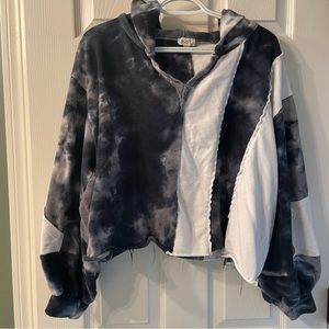 Navy and White Tie Dye and Solid French Terry Hoodie- Women’s Large- Cropped